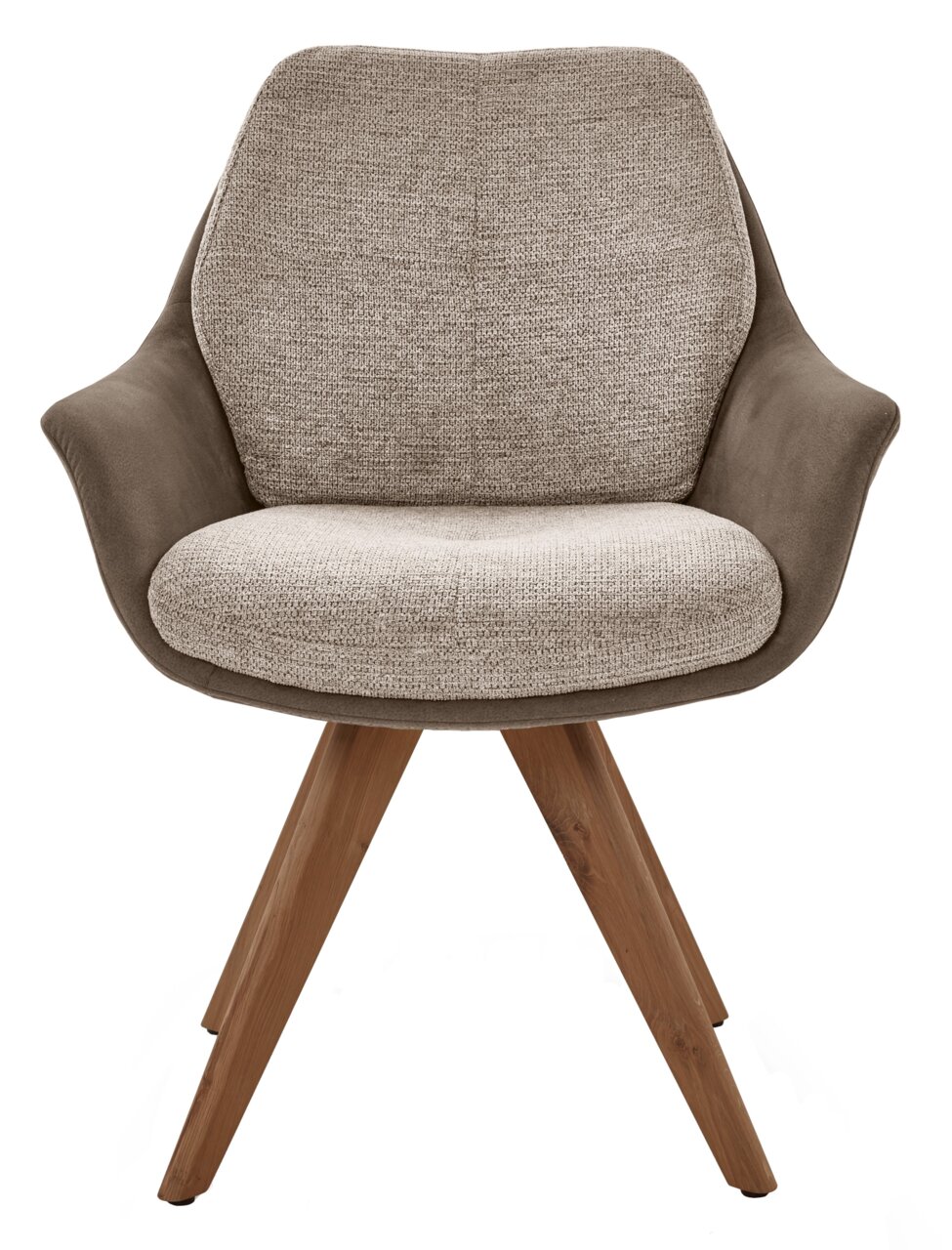 Moderner Armlehnstuhl mit beigem Stoffbezug und braunen Holzbeinen, Frontalansicht