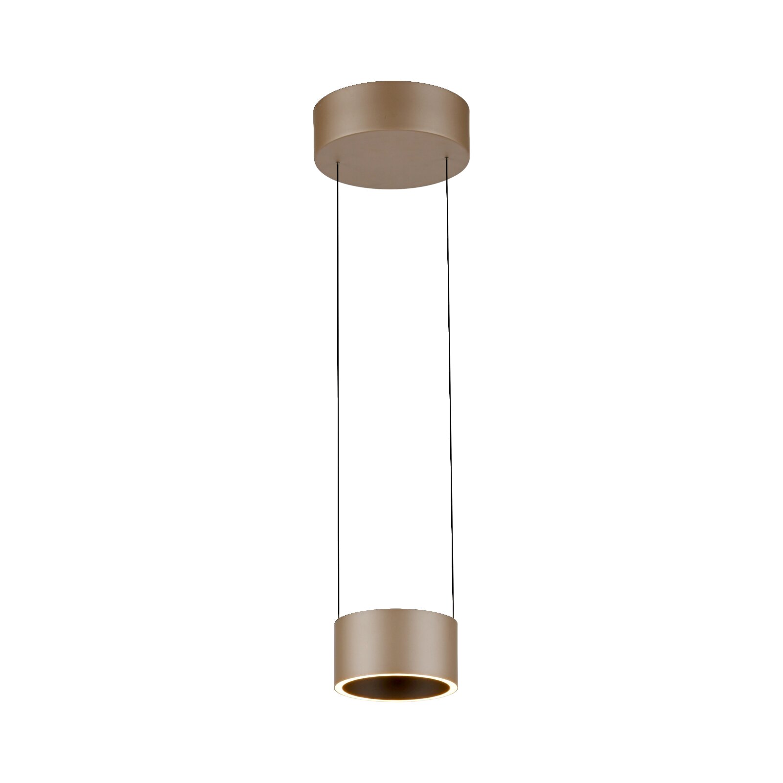 Moderne LED-Pendelleuchte in zylindrischer Form, seitliche Perspektive
