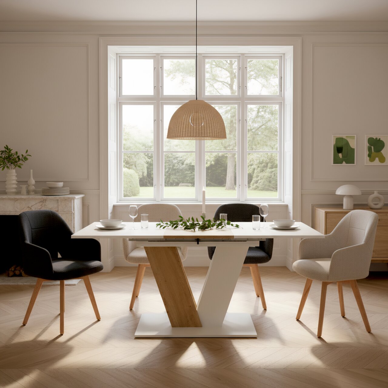 Lichte eethoek met een moderne eettafel in wit en hout met een V-vormig onderstel, vier gestoffeerde stoelen en een rotan hanglamp voor een groot raam, gefotografeerd van voren op ooghoogte.