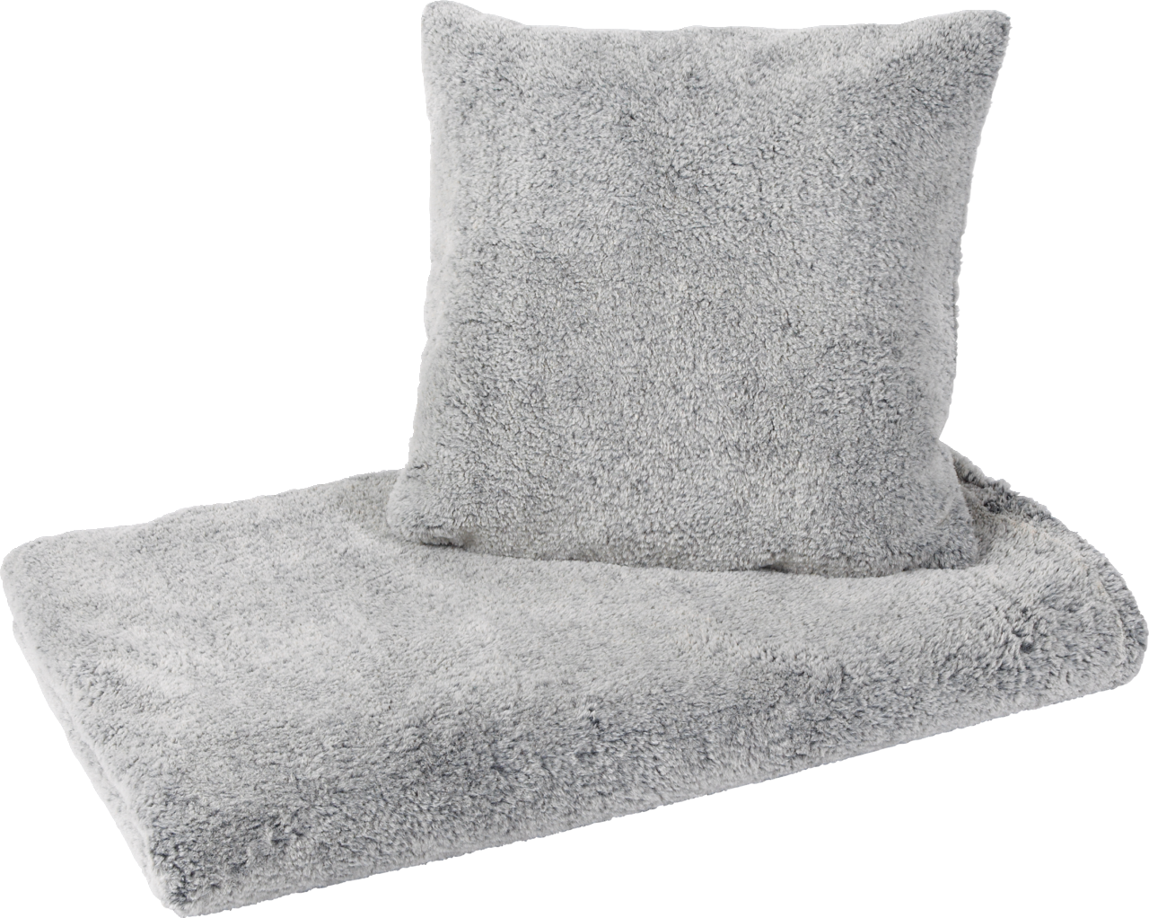 Graue Felldecke mit passendem Kissen, seitliche Perspektive