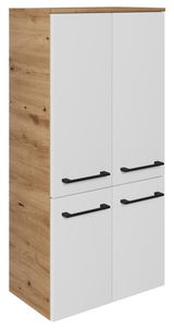 Moderner Midischrank mit Holzseiten und weißen Türen, Frontansicht