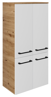 Moderner Midischrank mit Holzseiten und weißen Türen, Frontansicht