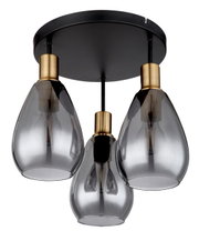 Moderne Deckenleuchte mit drei rauchgrauen Glaskugeln und goldenen Fassungen, Ansicht von unten.