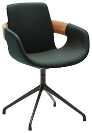 Moderner Sessel mit schwarzem Lederbezug und Holzarmlehnen, seitliche Perspektive