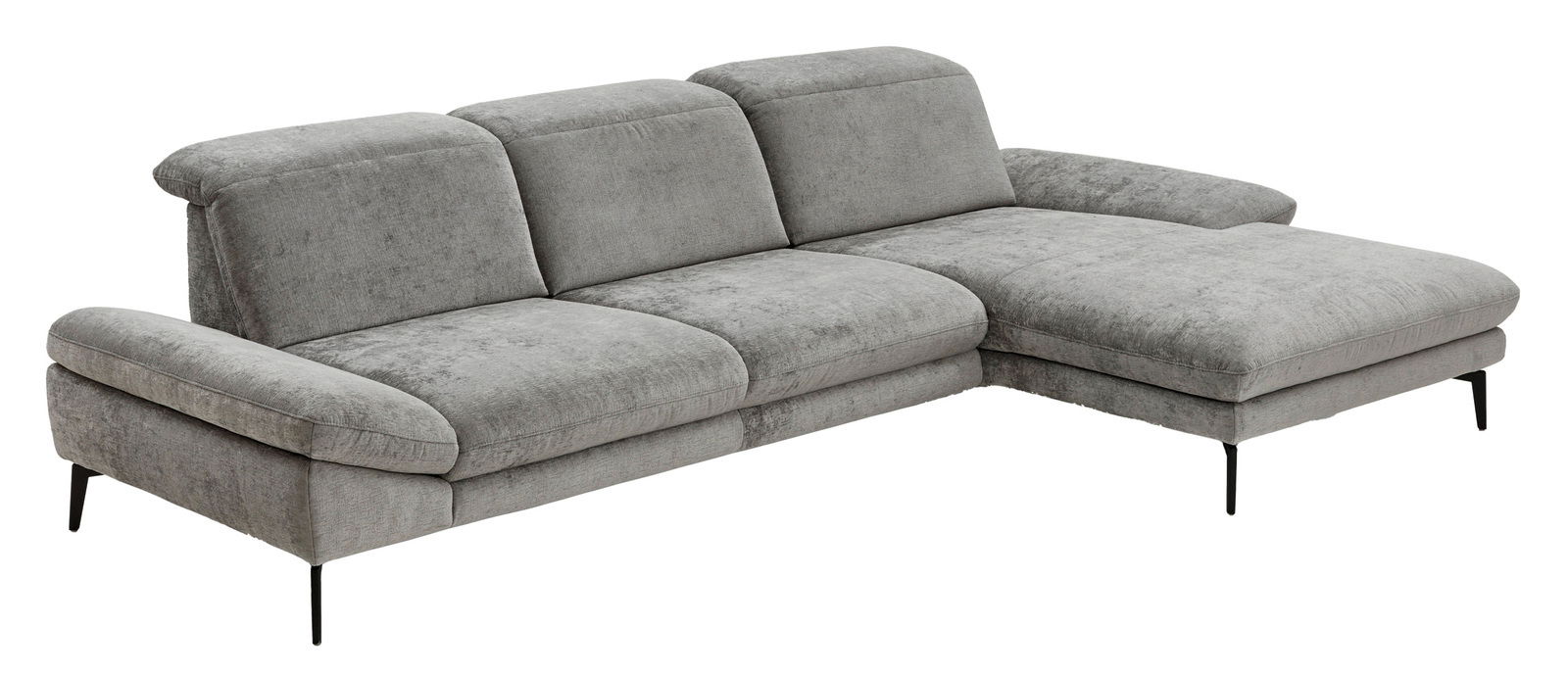 Beldomo System Longchairkombination AUGSBURG Graues Longchair-Sofa mit drei Sitzplätzen und einer Chaiselongue auf der rechten Seite, seitliche Perspektive.