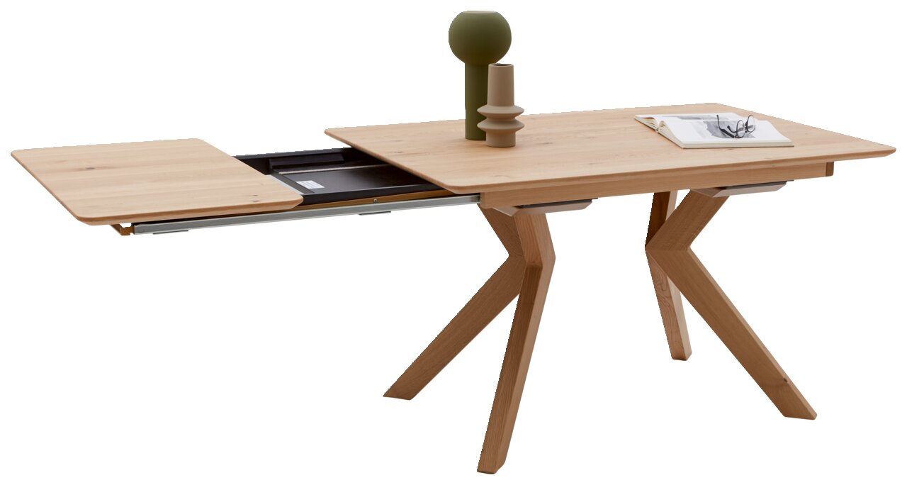 Moderner Esstisch aus Holz mit ausziehbarer Tischplatte, seitliche Perspektive