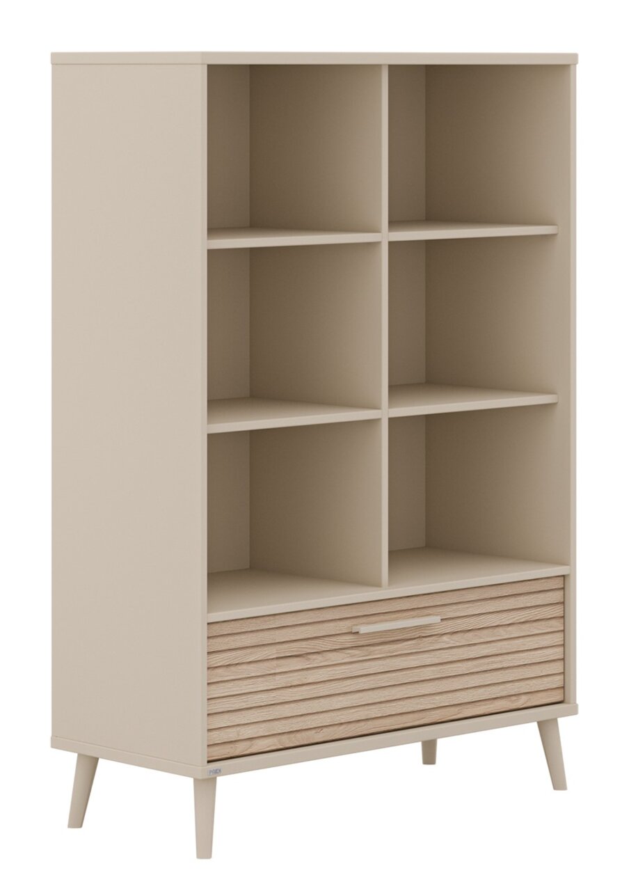 Paidi Standregal breit EEFJE Breites Standregal mit sechs offenen Fächern und einer Schublade, seitliche Perspektive