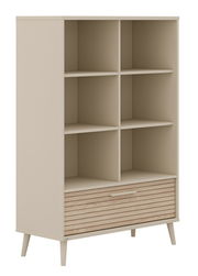 Breites Standregal mit sechs offenen Fächern und einer Schublade, seitliche Perspektive