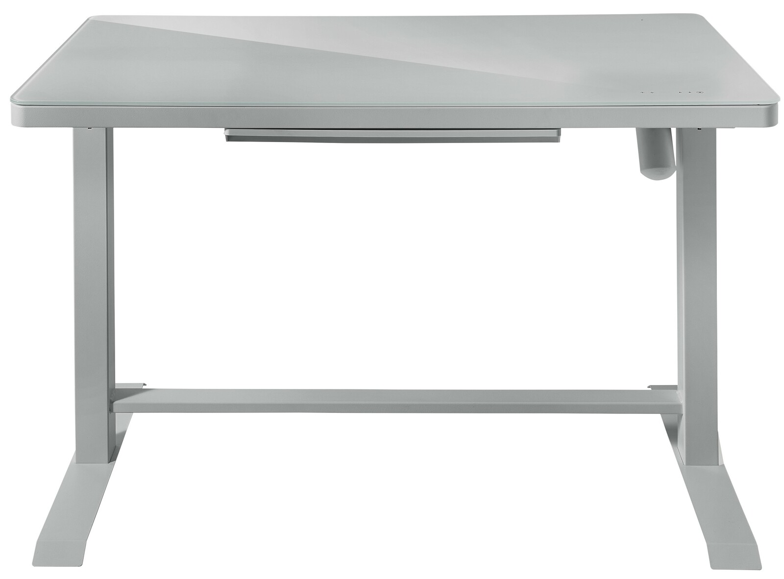 Moderner E-Schreibtisch aus Metall in Frontalansicht mit schlichtem Design und stabiler Konstruktion.