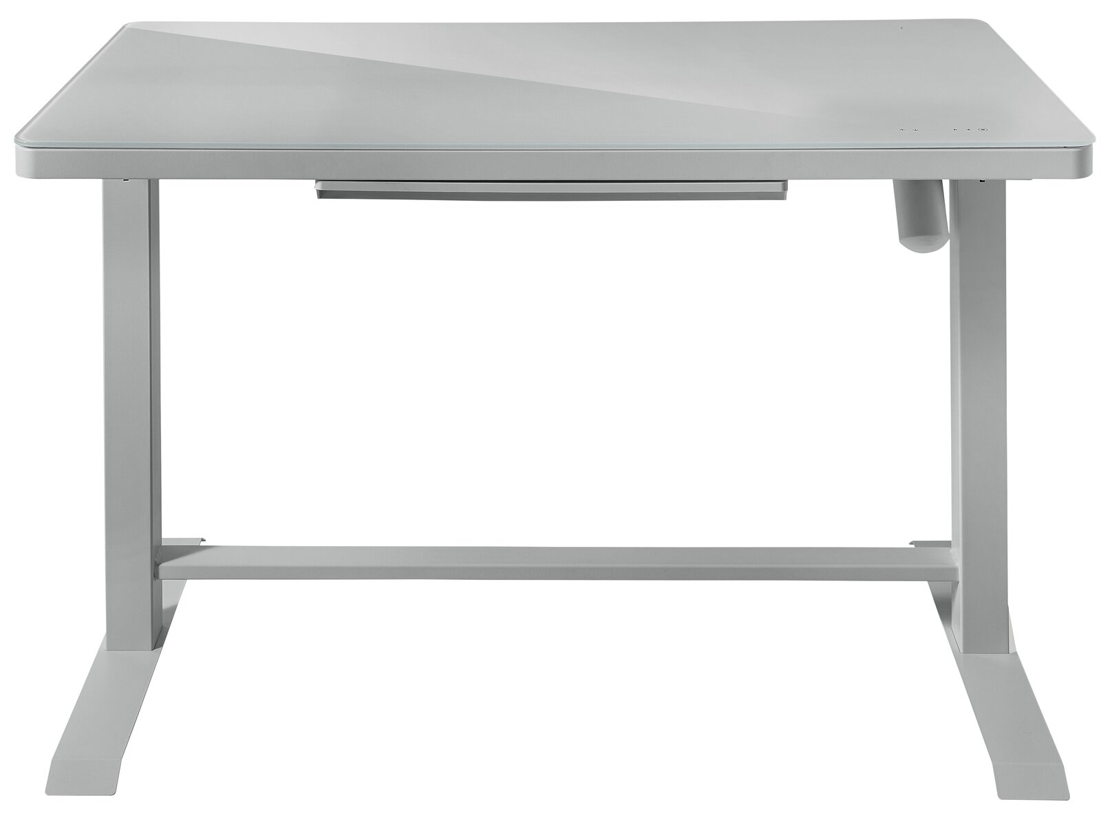 Moderner E-Schreibtisch aus Metall in Frontalansicht mit schlichtem Design und stabiler Konstruktion.