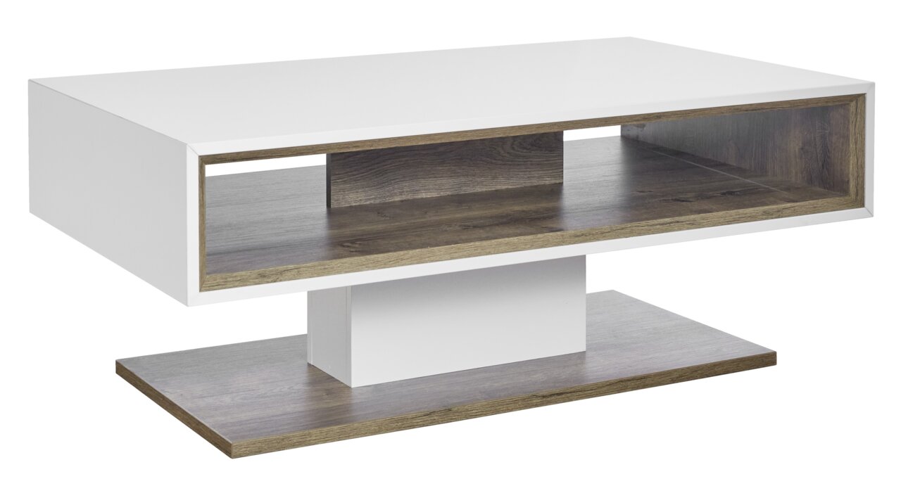Moderner Couchtisch mit weißer Oberfläche und Holzdetails, seitliche Perspektive