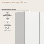 Weiße, melaminharzbeschichtete Möbeloberfläche mit Hinweisgrafiken zu kratzfester, stoßfester, wasserabweisender und leicht zu reinigender Oberfläche, dargestellt in schräger Frontansicht.