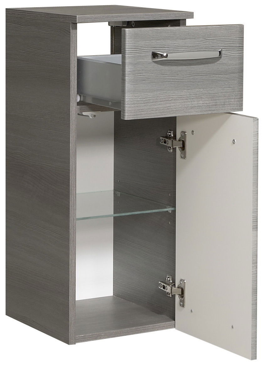 Moderner grauer Unterschrank mit einer offenen Schublade und einer geöffneten Tür, seitliche Perspektive