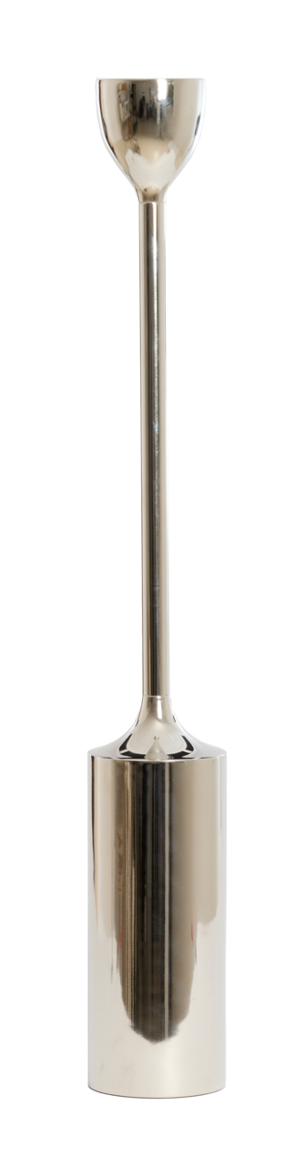 Eleganter, silberner Kerzenhalter aus Metall in zylindrischer Form, frontal abgebildet.