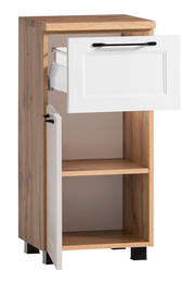 Unterschrank aus Holz mit weißer Schublade und Tür, frontal geöffnet
