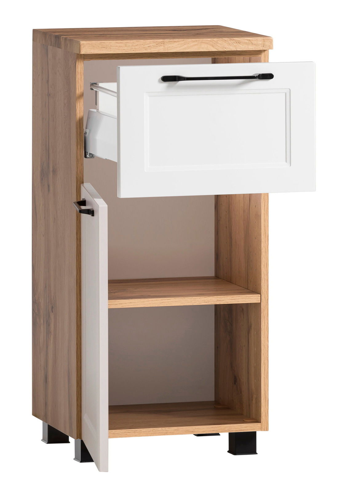 Unterschrank aus Holz mit weißer Schublade und Tür, frontal geöffnet