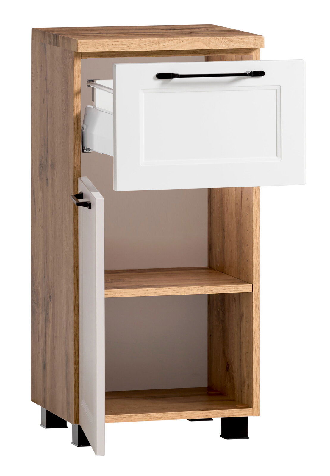 Unterschrank aus Holz mit weißer Schublade und Tür, frontal geöffnet
