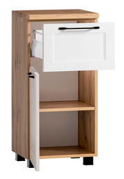 Unterschrank aus Holz mit weißer Schublade und Tür, frontal geöffnet