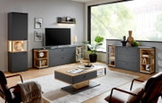Een moderne woonkamer met een elegant dressoir in donkergrijs en houtlook, gezien vanaf de voorkant. Het dressoir biedt veel opbergruimte en maakt deel uit van een stijlvolle inrichting met een groot raam op de achtergrond.
