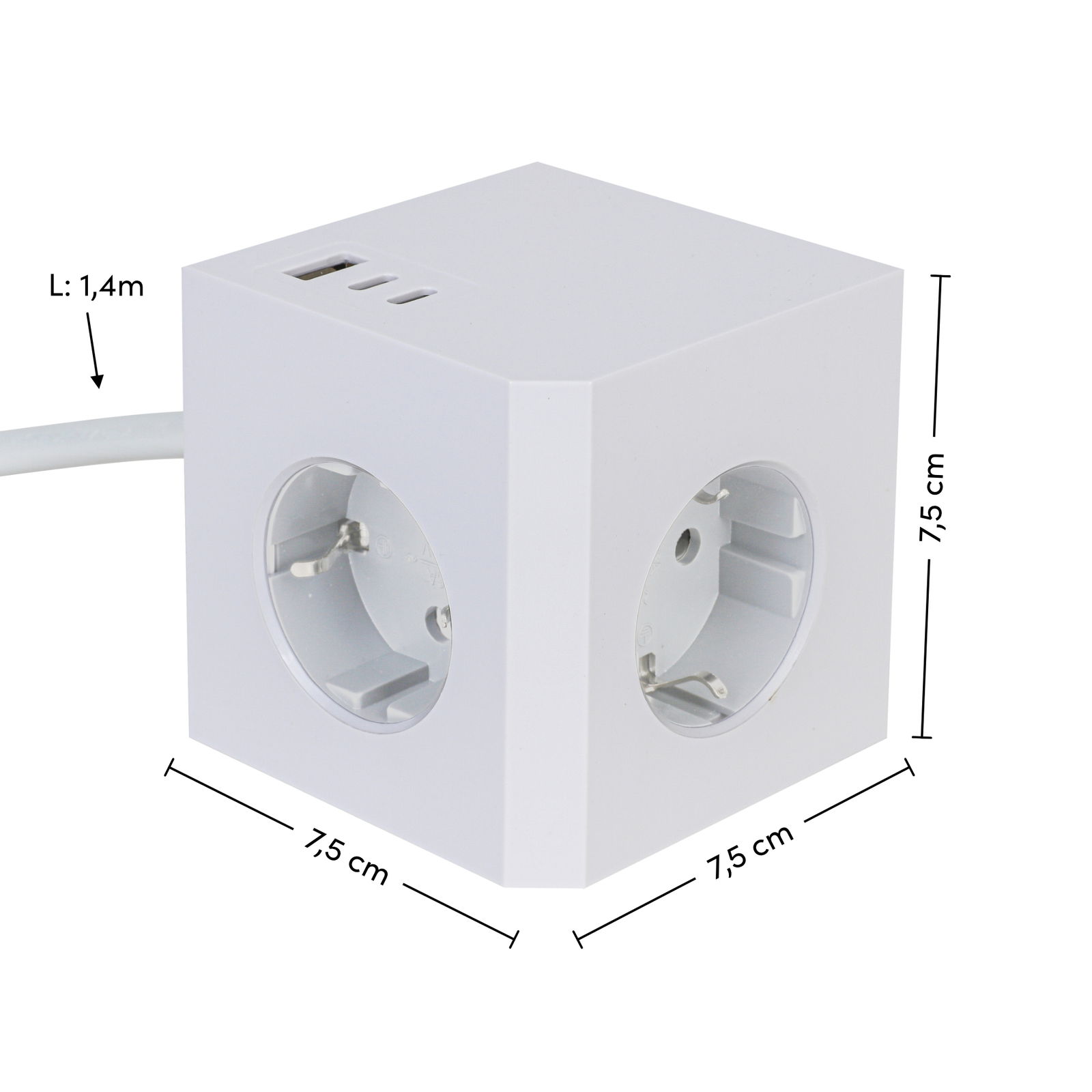Weißer Steckdosenwürfel mit drei Steckplätzen und USB-Anschlüssen, Perspektive von schräg oben, Kabel mit 1,4 m Länge.