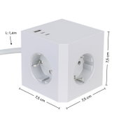 Weißer Steckdosenwürfel mit drei Steckplätzen und USB-Anschlüssen, Perspektive von schräg oben, Kabel mit 1,4 m Länge.