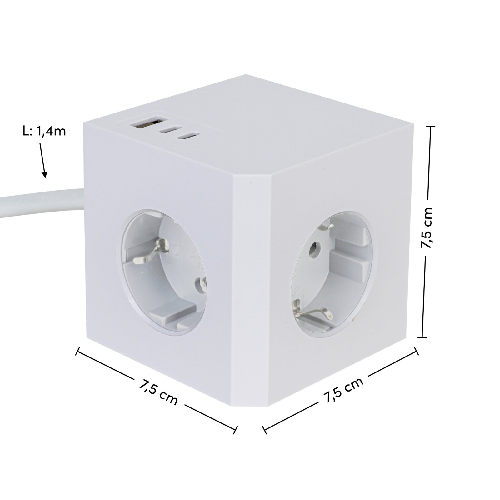 Witte stekkerdoos met drie stopcontacten en USB-aansluitingen, gezien vanuit een schuine hoek van bovenaf, met een kabel van 1,4 m lang.