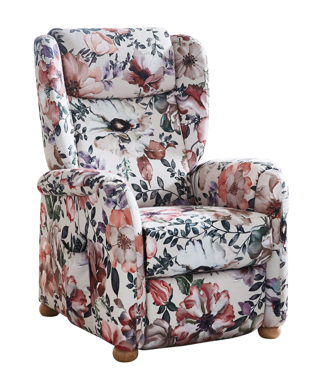 Blumig gemusterter Fernsehsessel Cantus FRIESLAND in Frontalansicht mit Holzfüßen.