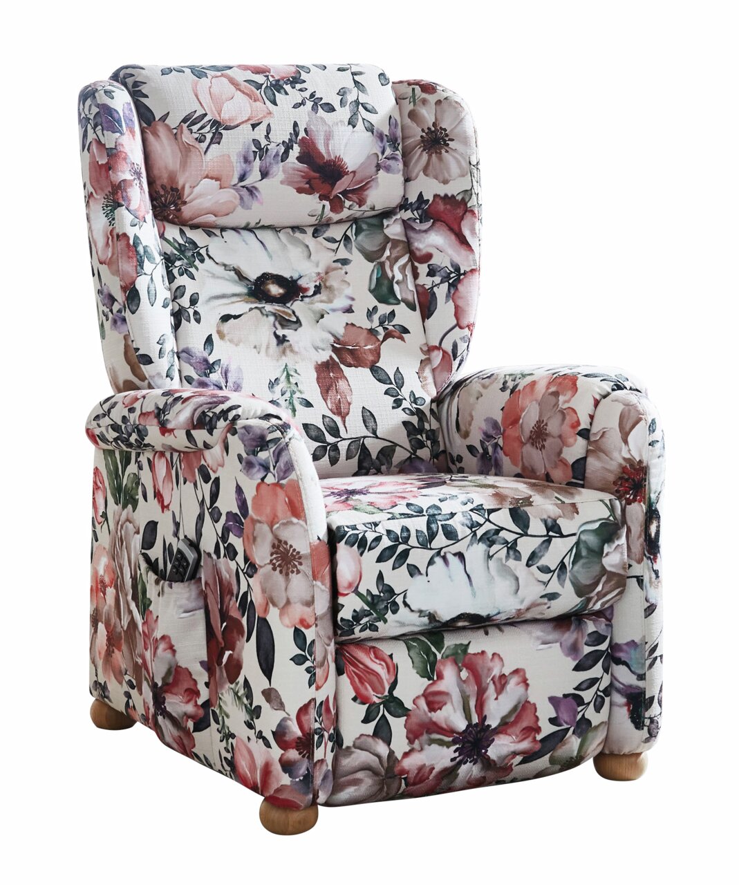 De Cantus FRIESLAND-tv-fauteuil met bloemmotief, gezien van voren, met houten poten.