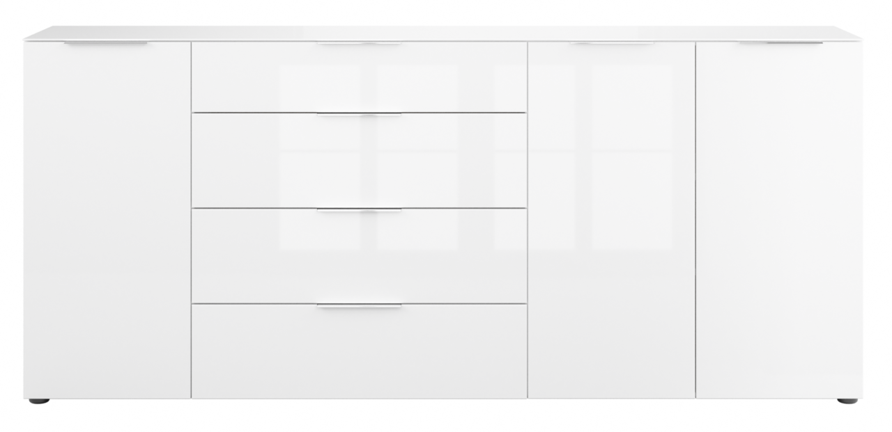 Weißes XXL-Sideboard mit zwei Türen und vier Schubladen, frontale Ansicht