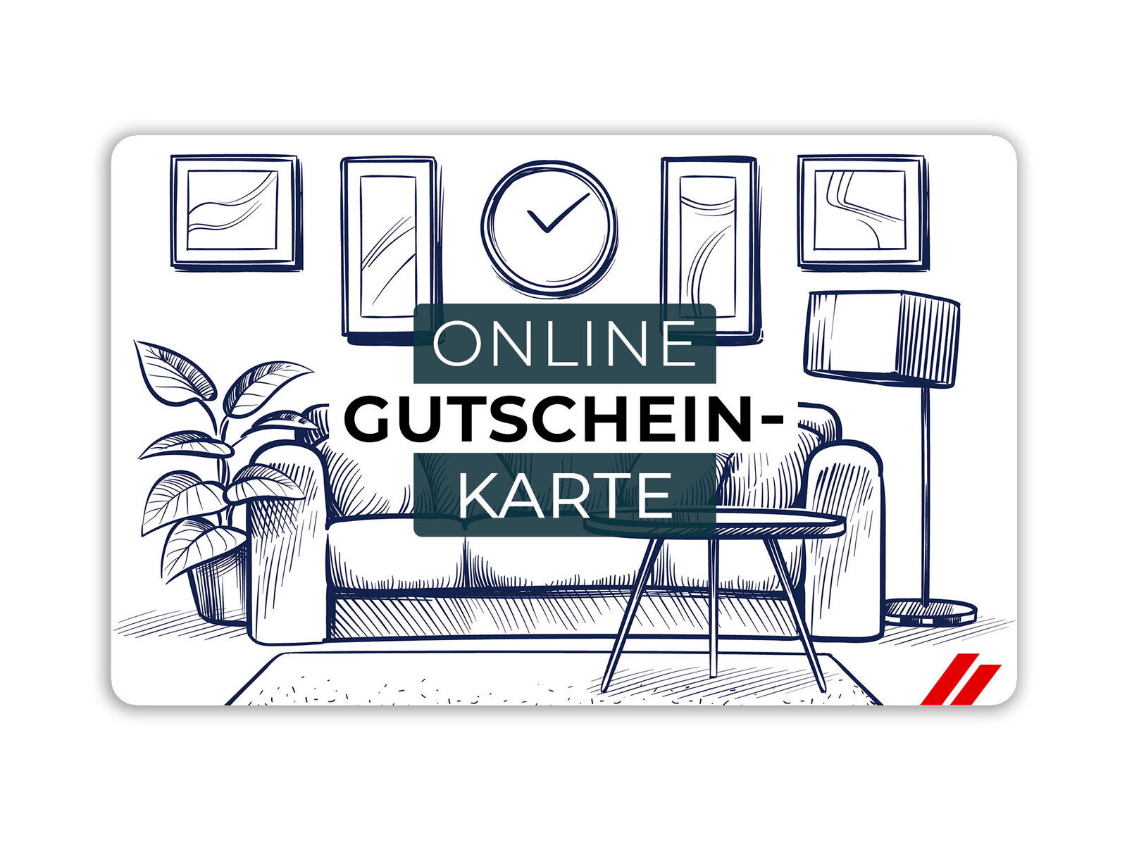 Illustration eines Wohnzimmers mit Sofa, Tisch, Pflanze und Stehlampe, im Vordergrund der Text 'ONLINE GUTSCHEIN-KARTE'. Frontalansicht.