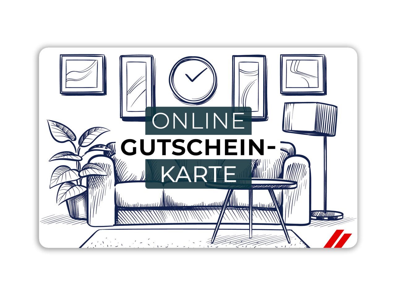 Illustration eines Wohnzimmers mit Sofa, Tisch, Pflanze und Stehlampe, im Vordergrund der Text 'ONLINE GUTSCHEIN-KARTE'. Frontalansicht.