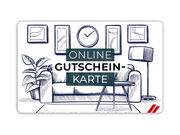 Illustration eines Wohnzimmers mit Sofa, Tisch, Pflanze und Stehlampe, im Vordergrund der Text 'ONLINE GUTSCHEIN-KARTE'. Frontalansicht.
