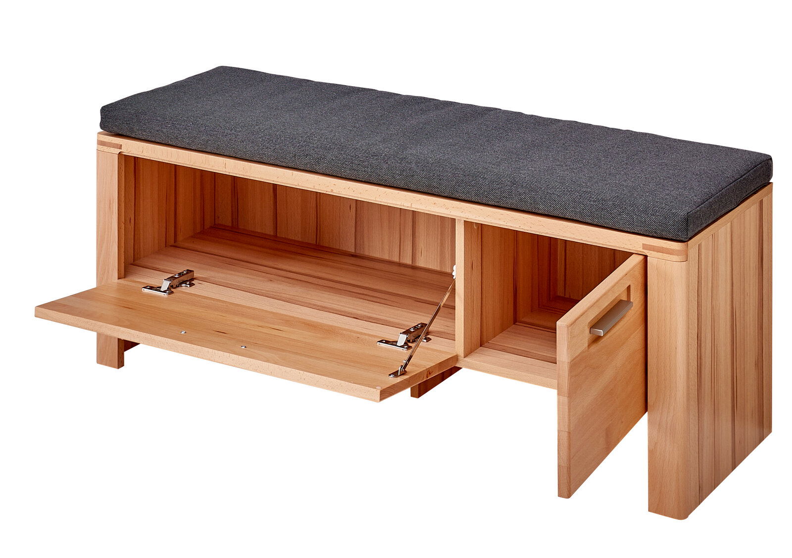 Holzbank mit grauem Sitzpolster und geöffneter Klappe, seitliche Perspektive