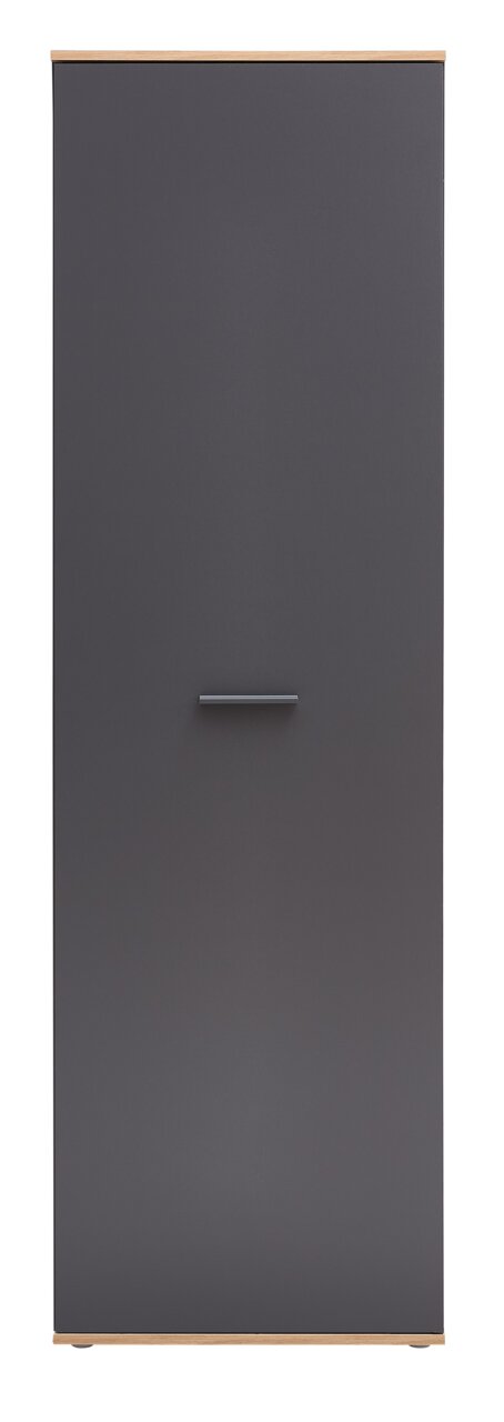 Moderne hoge kast in donkergrijs met houten details, vooraanzicht