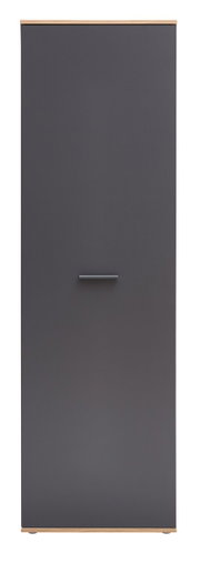 Moderne hoge kast in donkergrijs met houten details, vooraanzicht