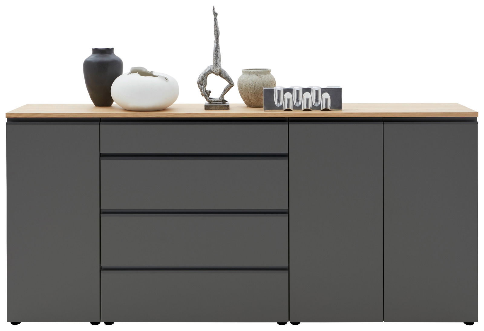 Frontale Ansicht eines XL-Sideboards 225 in dunklem Grau mit Holzplatte, dekoriert mit modernen Vasen und Skulpturen.
