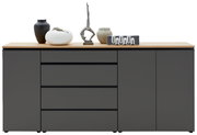 Frontale Ansicht eines XL-Sideboards 225 in dunklem Grau mit Holzplatte, dekoriert mit modernen Vasen und Skulpturen.