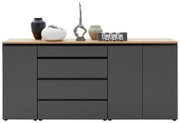 Vooraanzicht van een XL-dressoir 225 in donkergrijs met houten blad, versierd met moderne vazen en sculpturen.