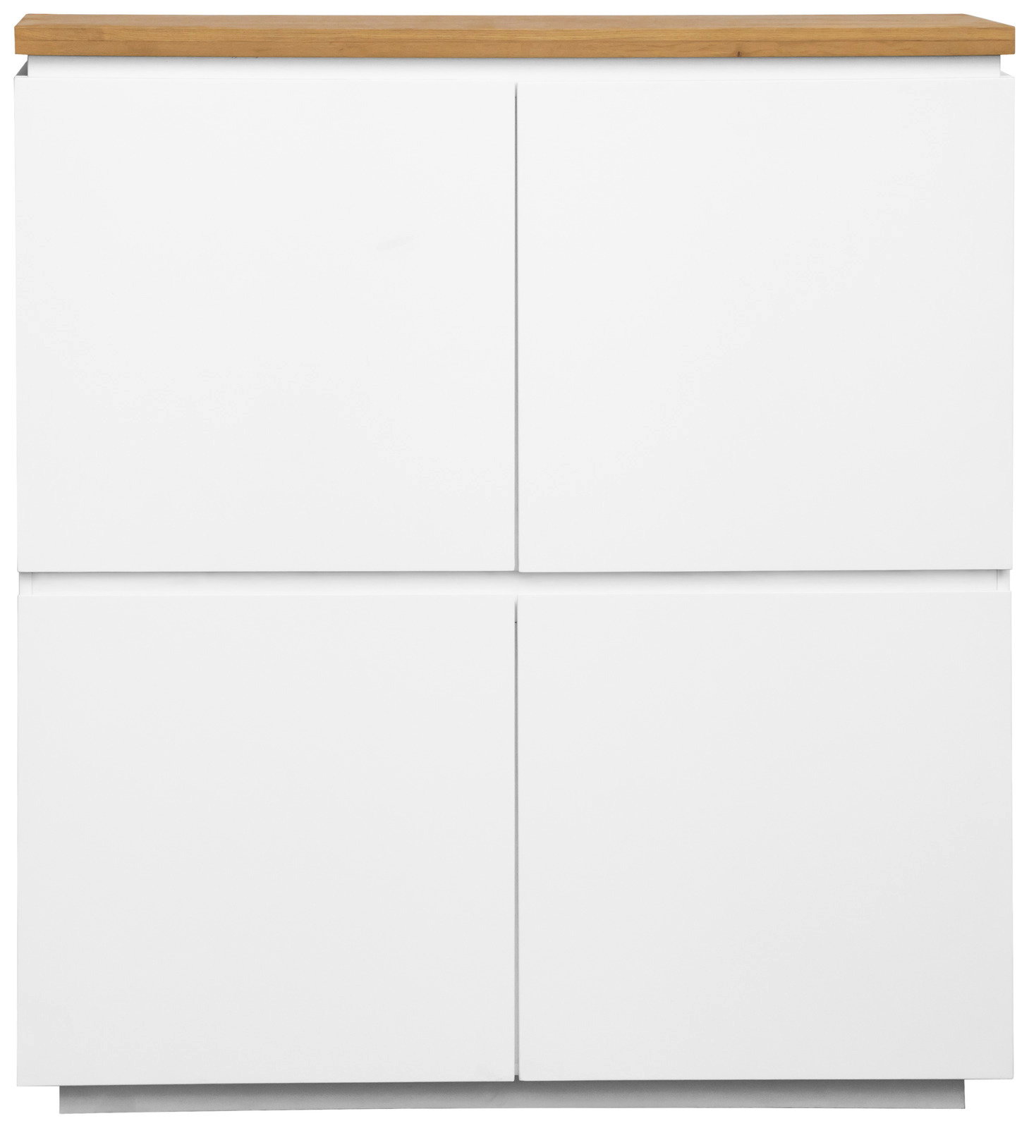 Frontansicht eines modernen weißen Highboards mit Holzplatte.