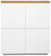 Frontansicht eines modernen weißen Highboards mit Holzplatte.