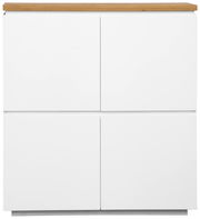 Frontansicht eines modernen weißen Highboards mit Holzplatte.