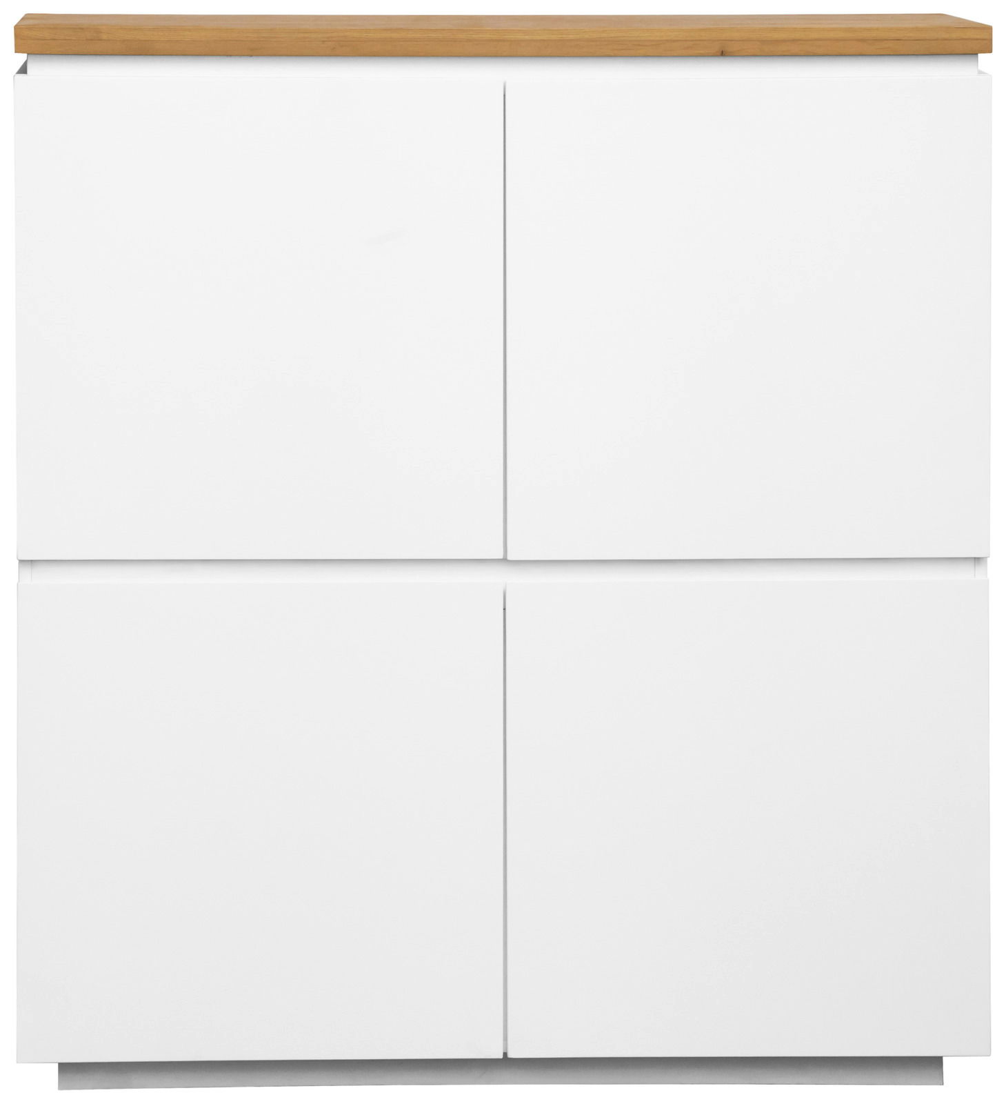 Frontansicht eines modernen weißen Highboards mit Holzplatte.