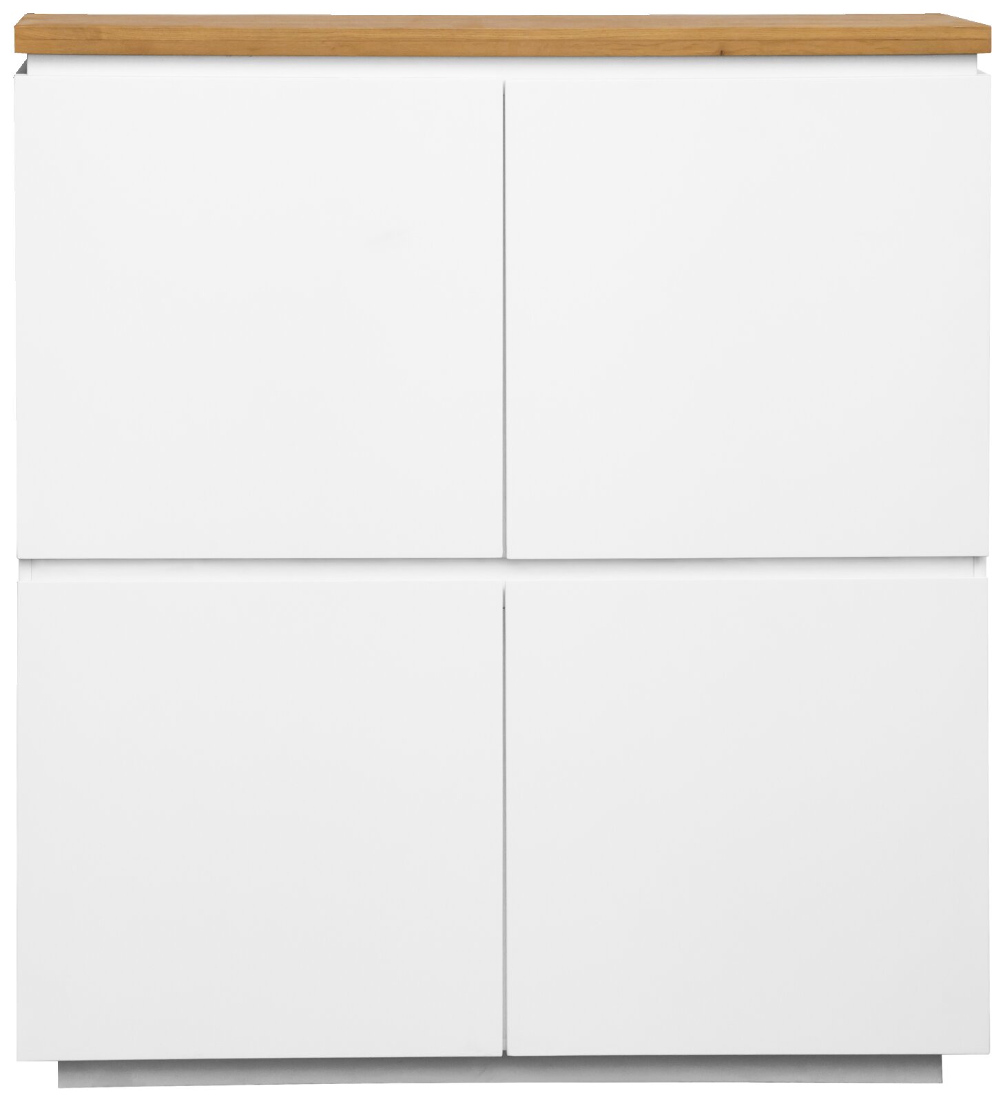 Vooraanzicht van een modern wit hoogkastje met houten blad.
