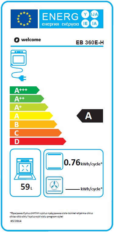 Energieeffizienz-Label für einen Backofen mit der Klasse A, Energieverbrauch von 0,76 kWh pro Zyklus und einem Fassungsvermögen von 59 Litern. Frontalansicht.