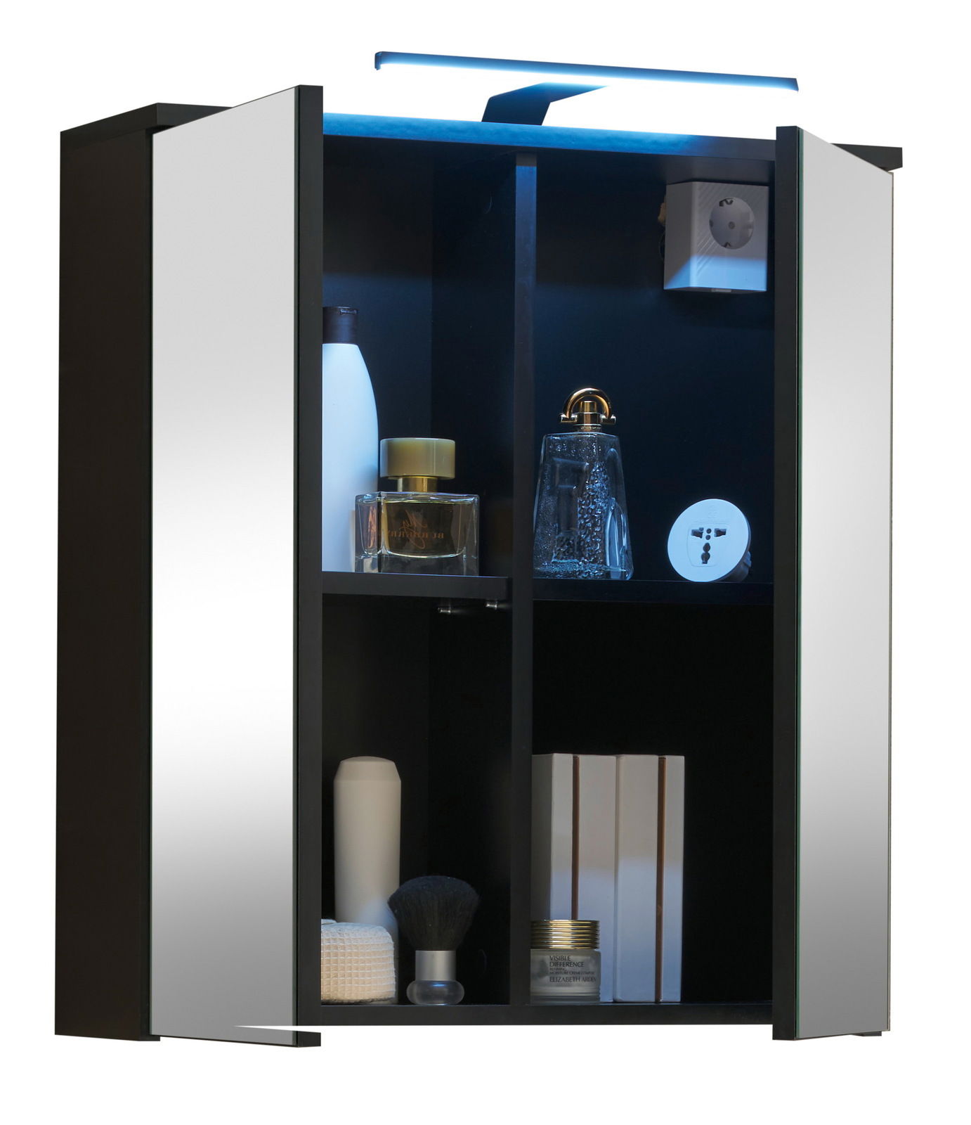 XORA Spiegelschrank SPICE Moderner Spiegelschrank mit offener Tür, Innenansicht mit Regalen und Beleuchtung, seitliche Perspektive