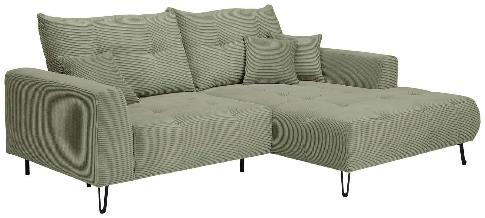Grünes Ecksofa mit Ottomane rechts, aus geripptem Stoff, mit mehreren Kissen, seitliche Perspektive