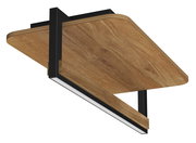 Moderne LED-Deckenleuchte mit Holzoptik und schwarzem Metallrahmen, seitliche Perspektive