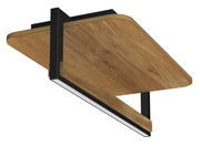 Moderne LED-Deckenleuchte mit Holzoptik und schwarzem Metallrahmen, seitliche Perspektive