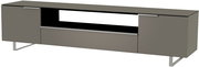 Modernes XL TV-Lowboard in grauer Farbe mit zwei Türen und einem offenen Fach, seitliche Perspektive.