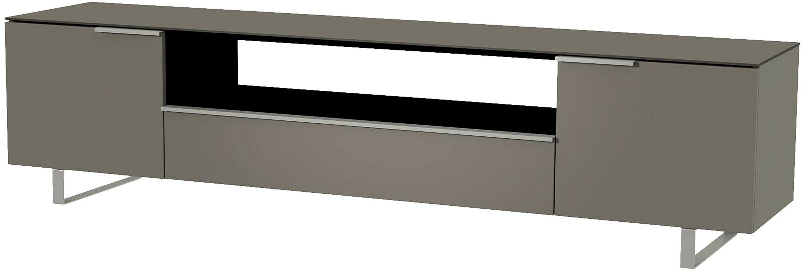 Modernes XL TV-Lowboard in grauer Farbe mit zwei Türen und einem offenen Fach, seitliche Perspektive.